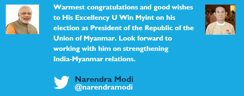 pm modi congratulates he u win myint on his election as president of myanmar
